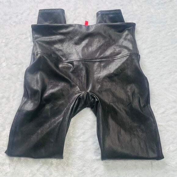 Spanx Womens Black Faux Leather Elastic Waist Stretch Leggings Pants Size Large - Picture 2 of 6